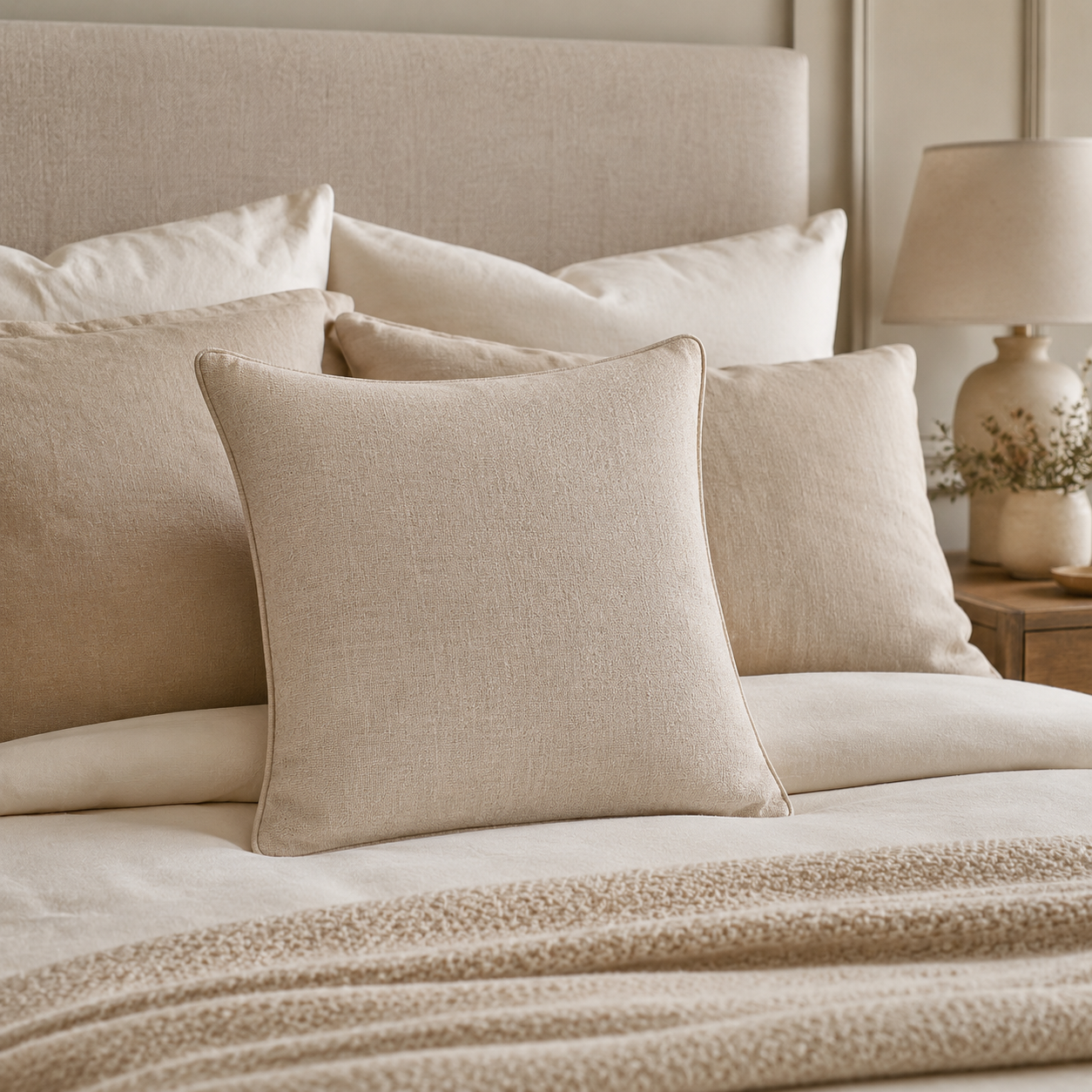 Capa de Almofada Solene em cama de quarto elegante com composição aconchegante