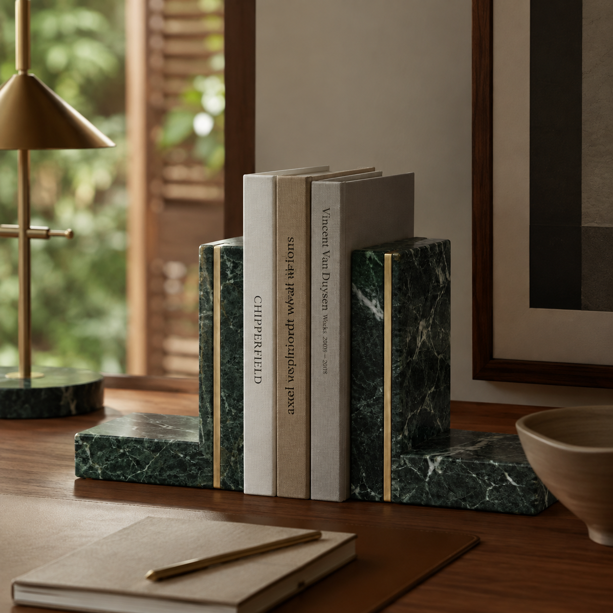 Aparadores de Livros Maelle em home office sofisticado com livros e luminária