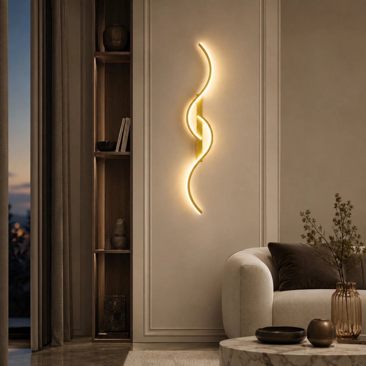 Arandela Ária LED dourada instalada na vertical em sala moderna