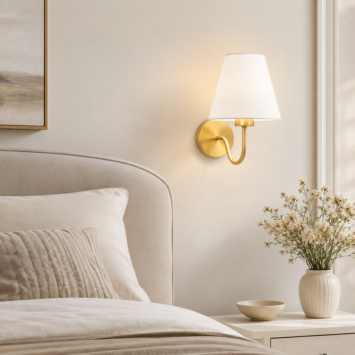 Arandela Elora dourada instalada ao lado da cama em quarto elegante com tons neutros.
