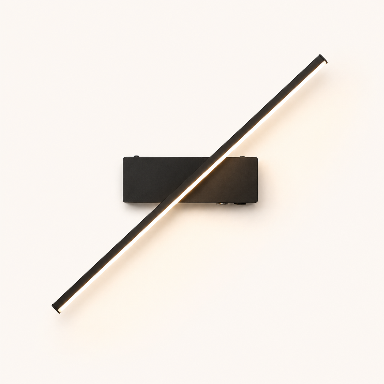 Arandela Lume linear LED preta com base retangular e iluminação branca quente.