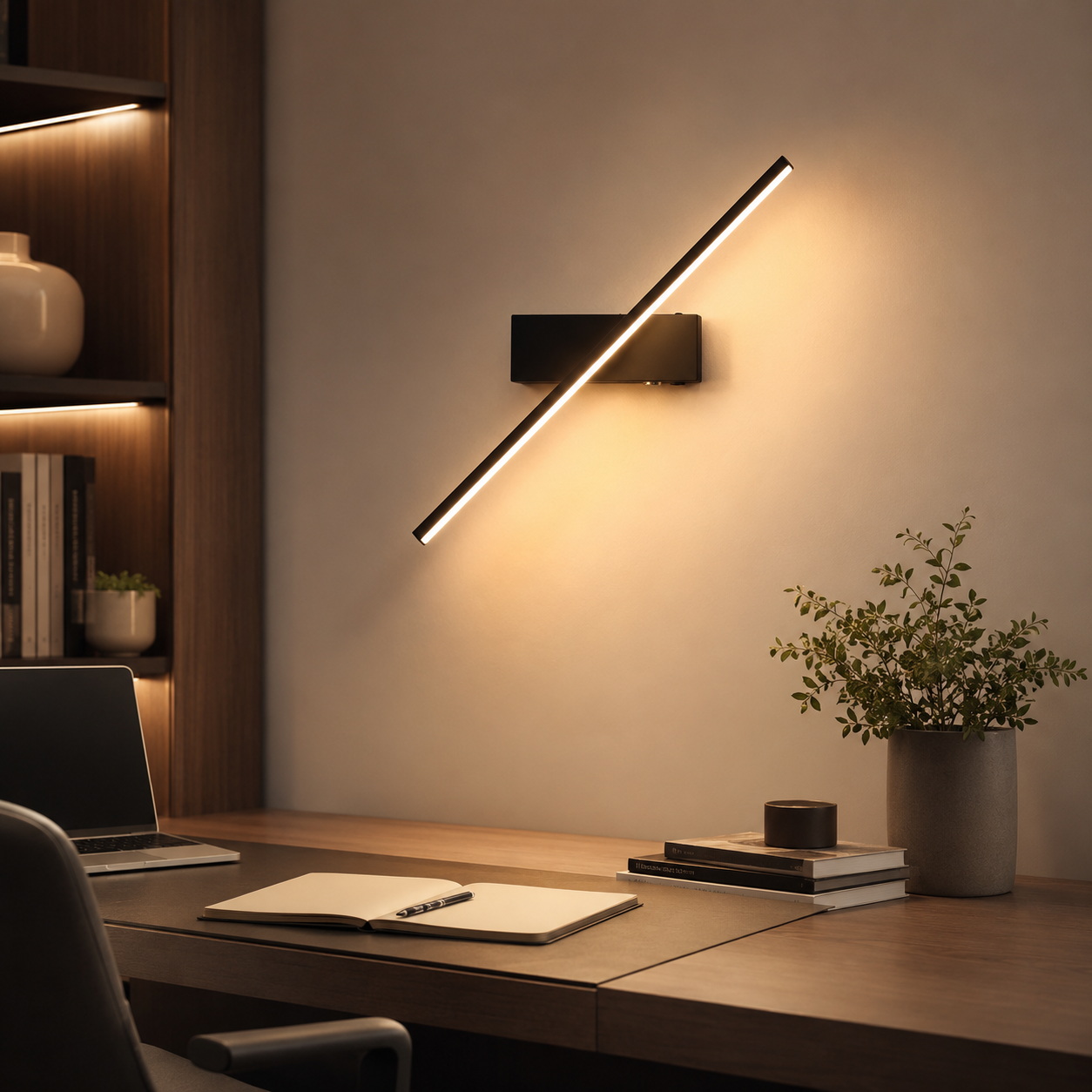 Arandela Lume linear LED preta instalada sobre uma mesa de escritório com iluminação acolhedora.