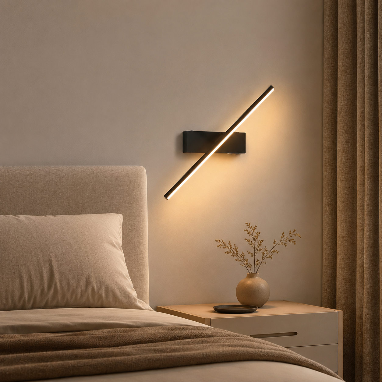 Arandela Lume linear LED preta instalada ao lado da cama em quarto com decoração em tons neutros.