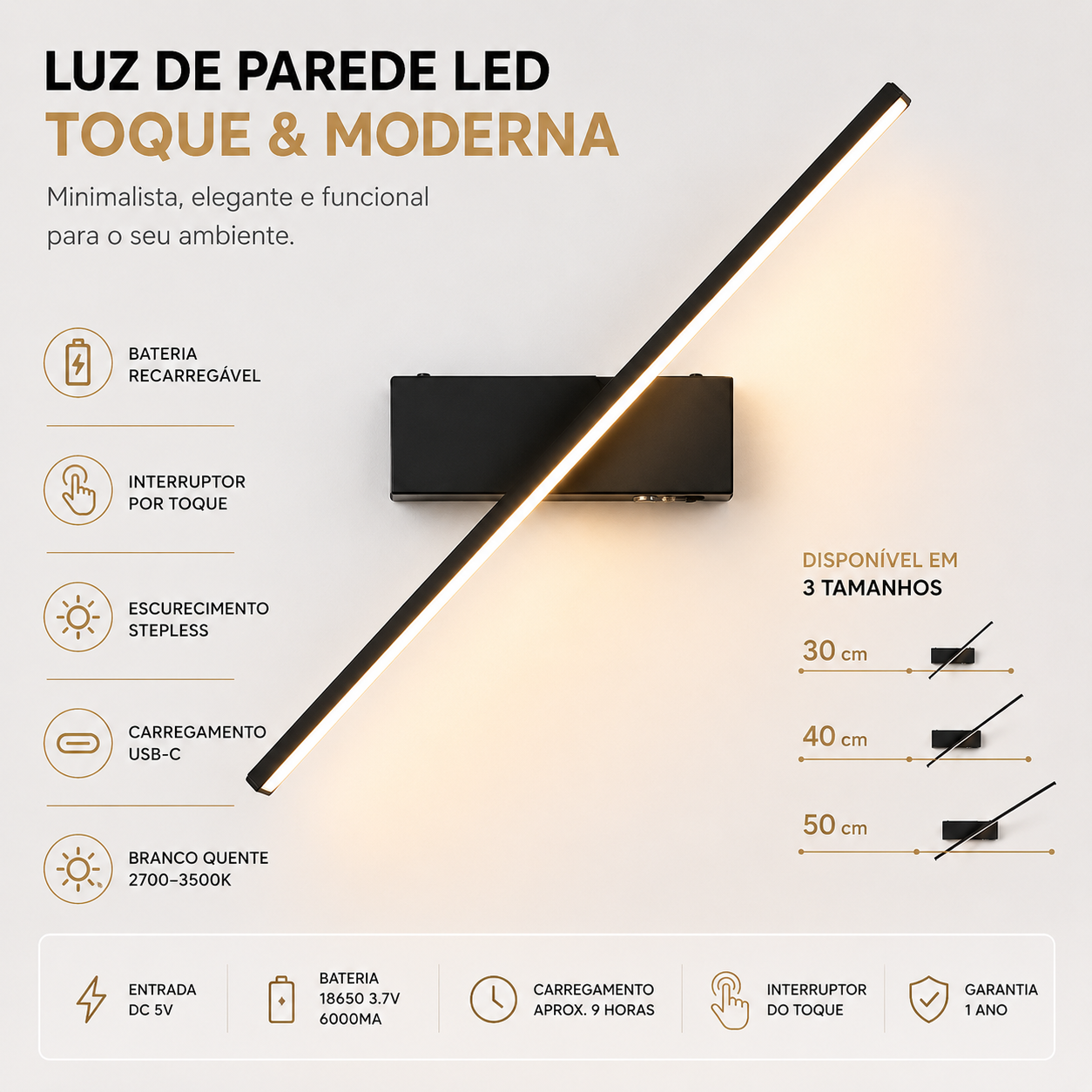 Recursos da Arandela Lume LED com bateria recarregável, controle por toque, dimmer e carregamento USB-C.
