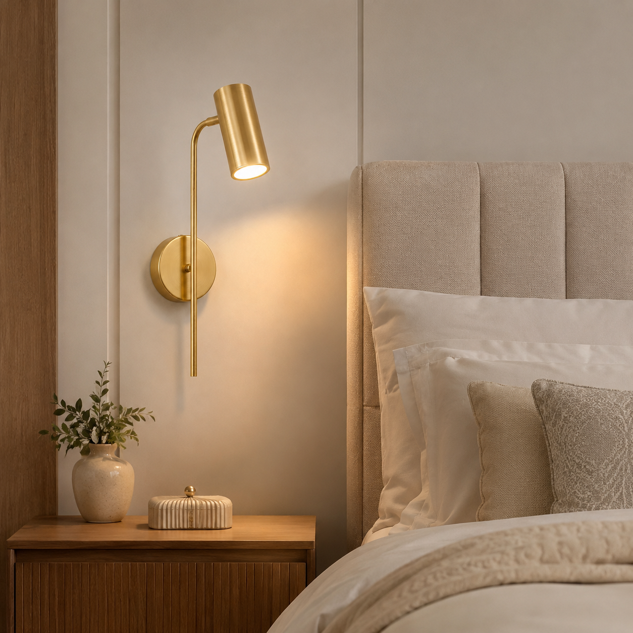 Arandela Nola dourada instalada ao lado da cama em quarto elegante com decoração em tons neutros.