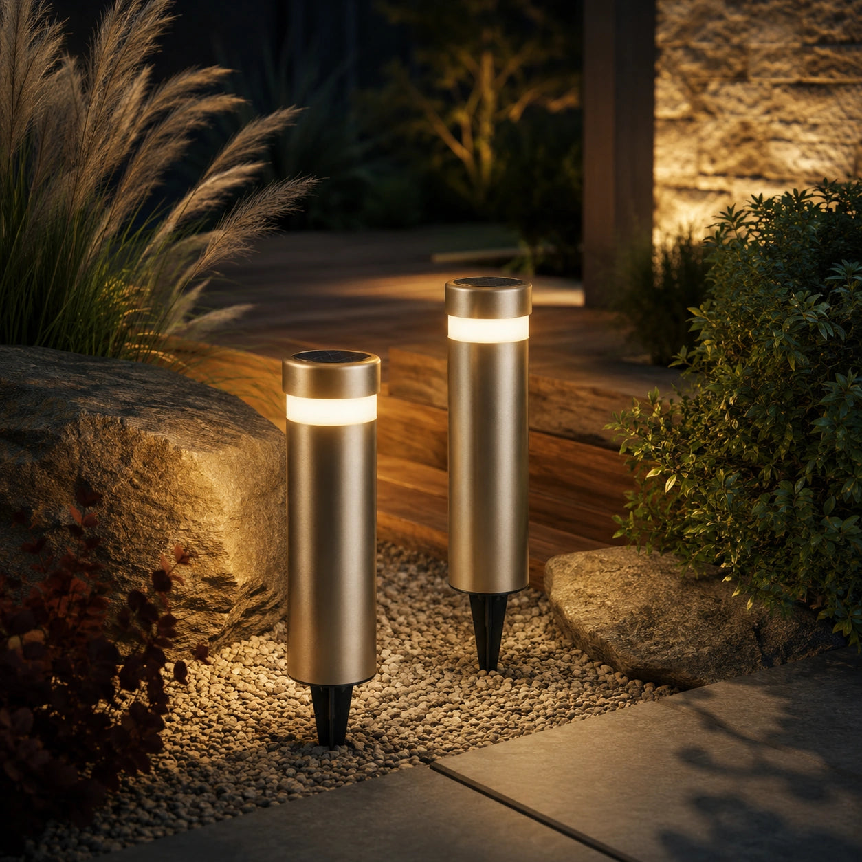 Conjunto de Balizadores Solares Nalu em composição editorial noturna Lorene com pedra, vegetação e luz quente