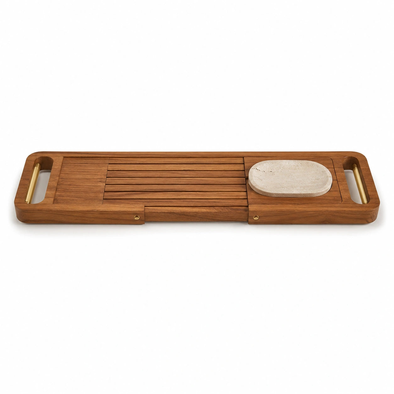 Bandeja de Banheira Elara em teca natural, travertino e detalhes em latão escovado sobre fundo branco