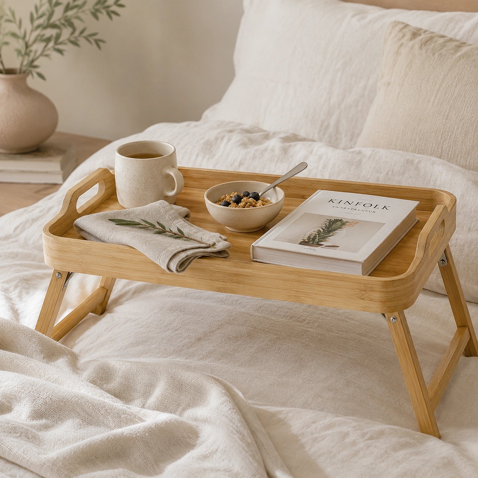 Bandeja de Cama Liria em composição editorial Lorene com café, livro e tecidos naturais