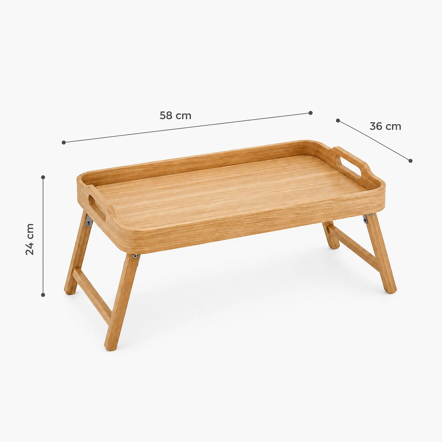 Dimensões da Bandeja de Cama Liria com 58 cm de largura, 36 cm de profundidade e 24 cm de altura
