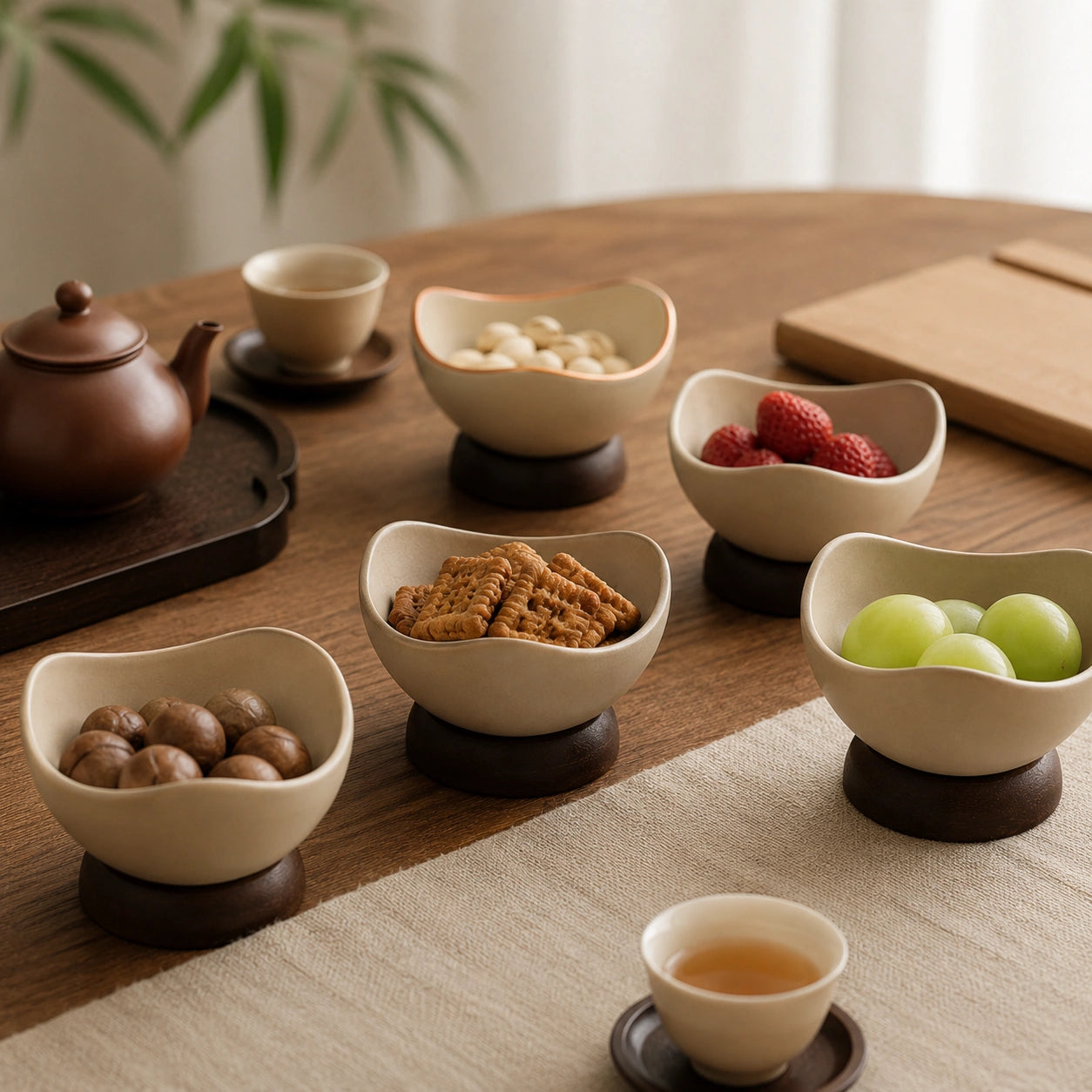 Bowls Évora servindo frutas, biscoitos e pequenos petiscos sobre mesa de madeira