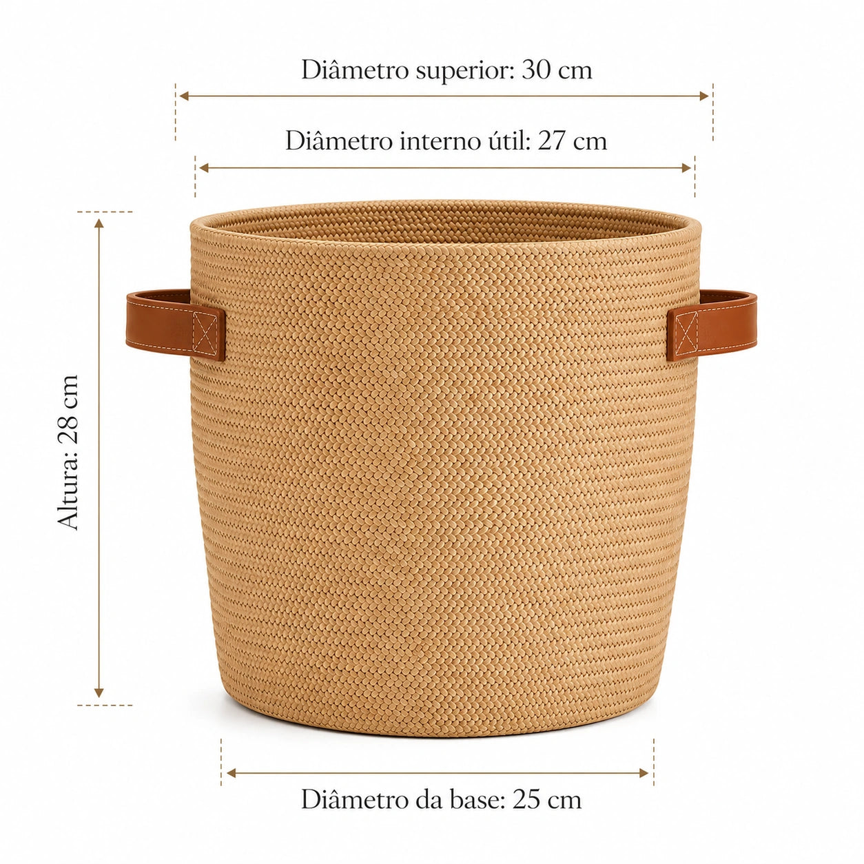 Dimensões do Cachepot Iara com 28 cm de altura, 30 cm de diâmetro superior e base de 25 cm