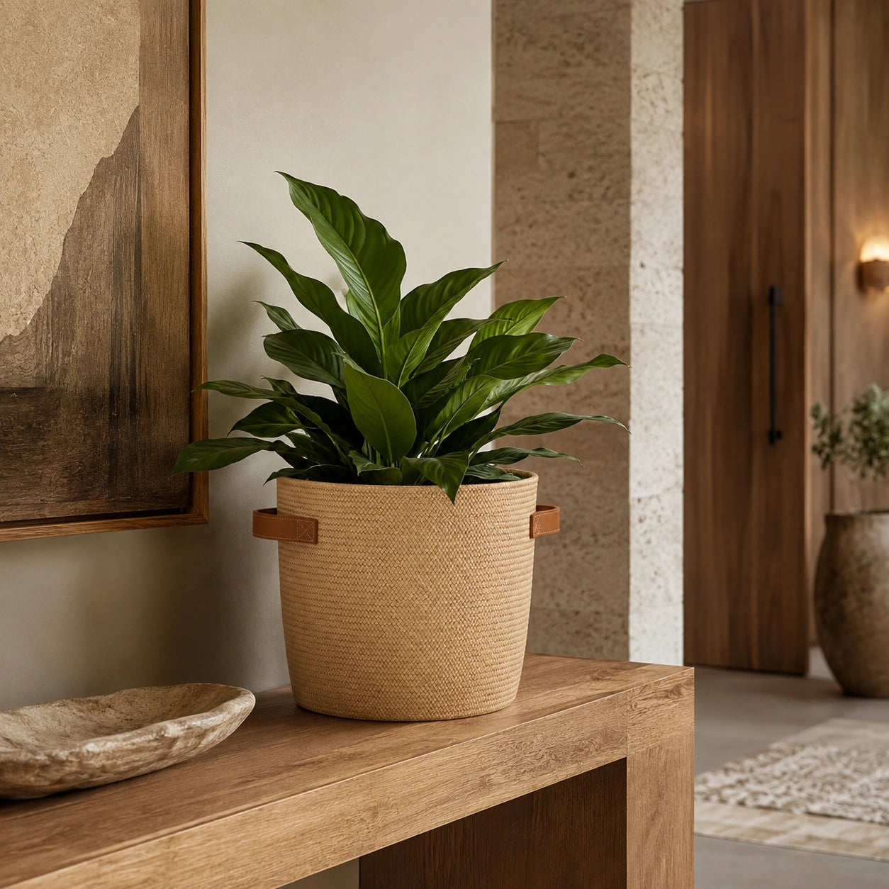 Cachepot Iara sobre aparador em hall contemporâneo com folhagem verde e decoração sofisticada