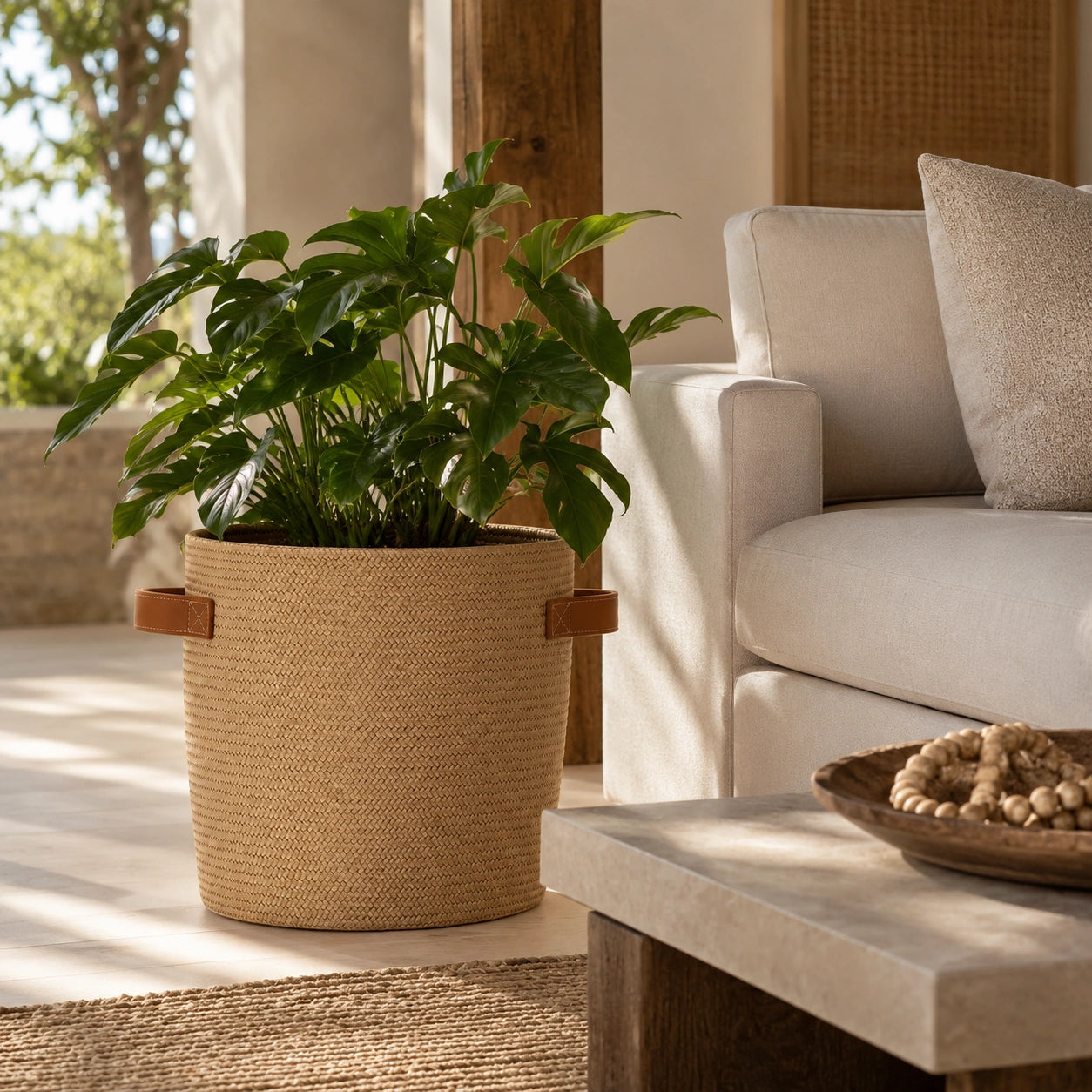 Cachepot Iara com planta tropical em sala de estar premium com madeira e tons naturais