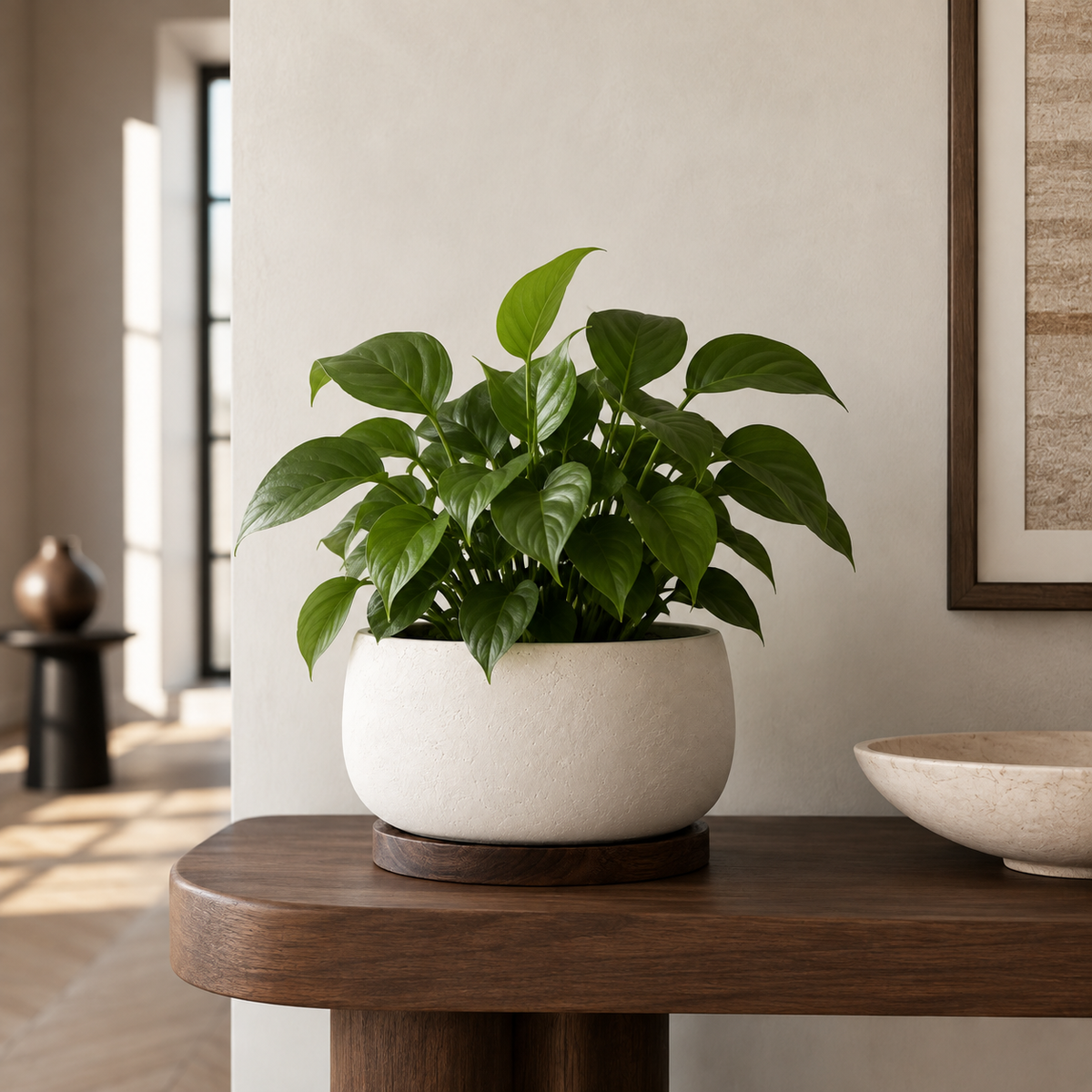 Cachepot Valmont com planta verde sobre aparador em ambiente sofisticado