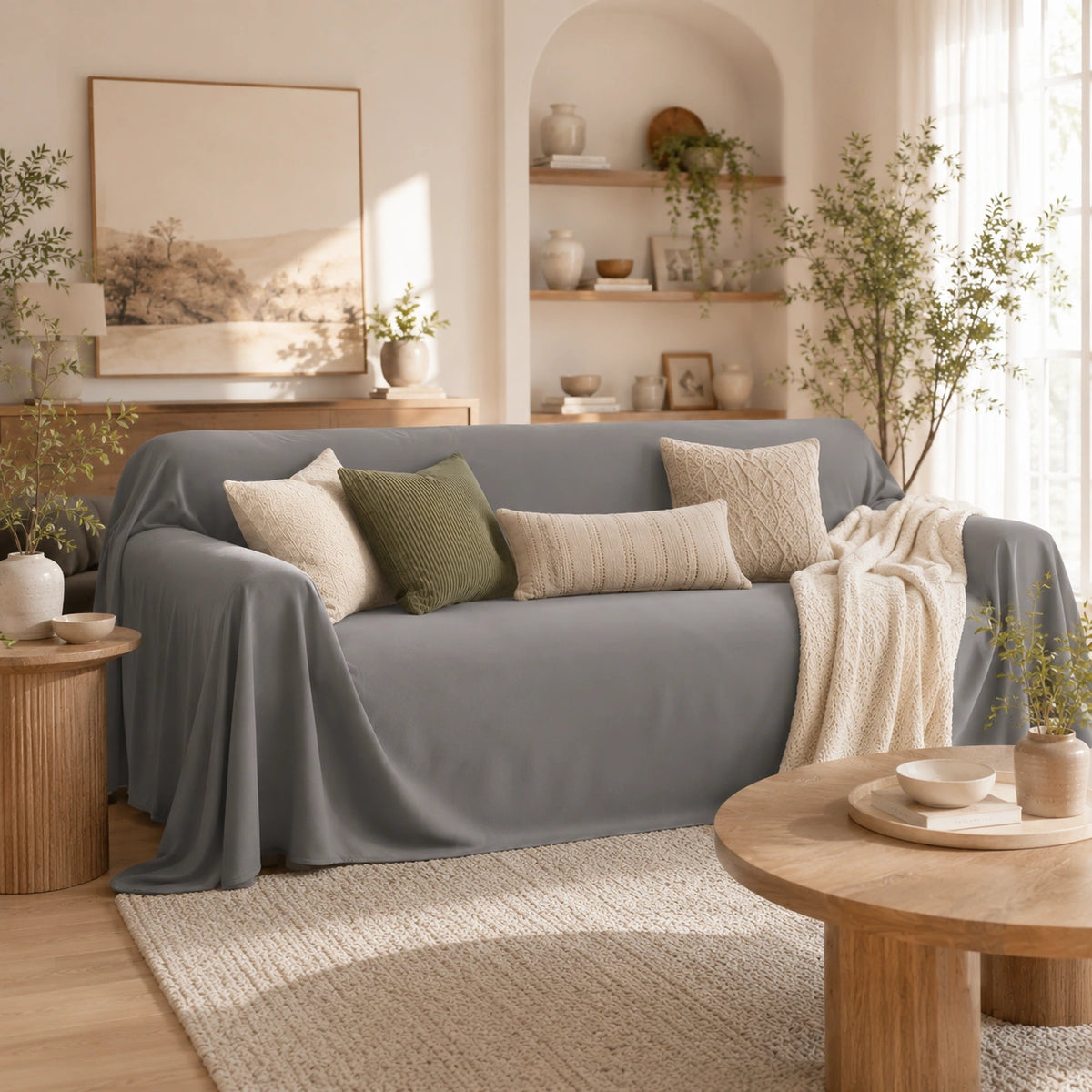 Capa protetora Carrara em sofá moderno com iluminação natural e decoração neutra