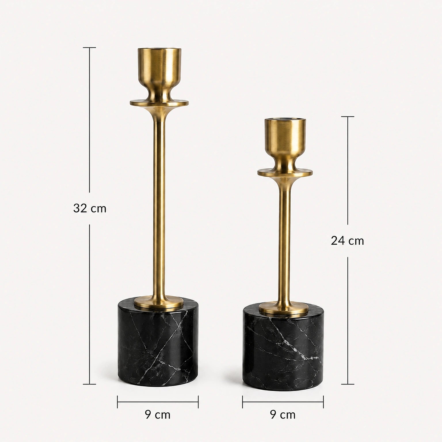 Dimensões dos Castiçais Celeste com peças de 32 cm e 24 cm de altura