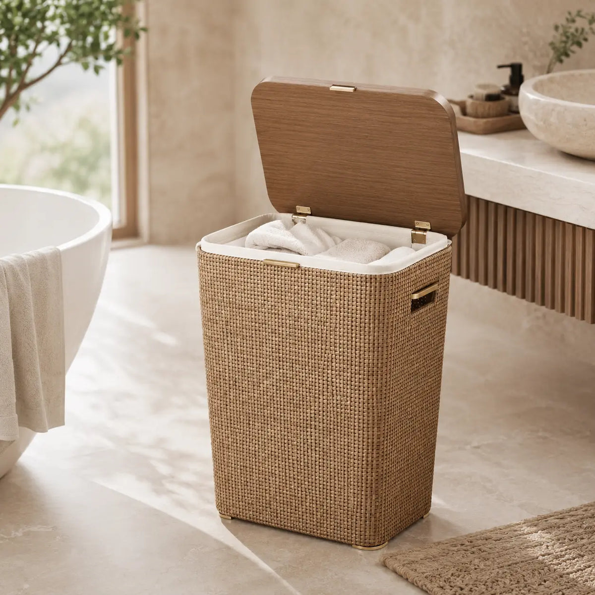 Cesto Liora em banheiro estilo spa com rattan natural, freijó e iluminação suave