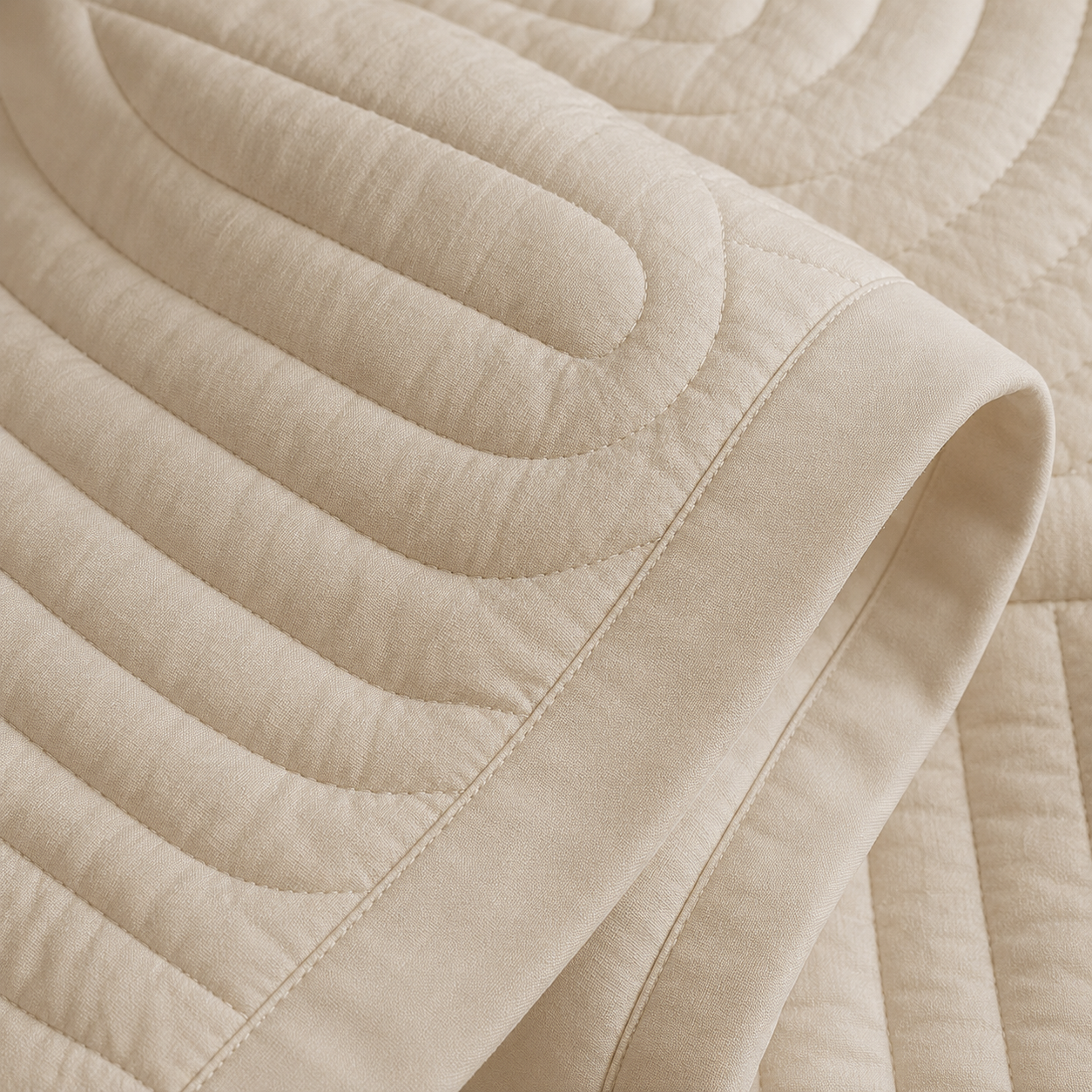 Detalhe do matelassê, da textura do tecido, das costuras e do acabamento da Colcha Émilie
