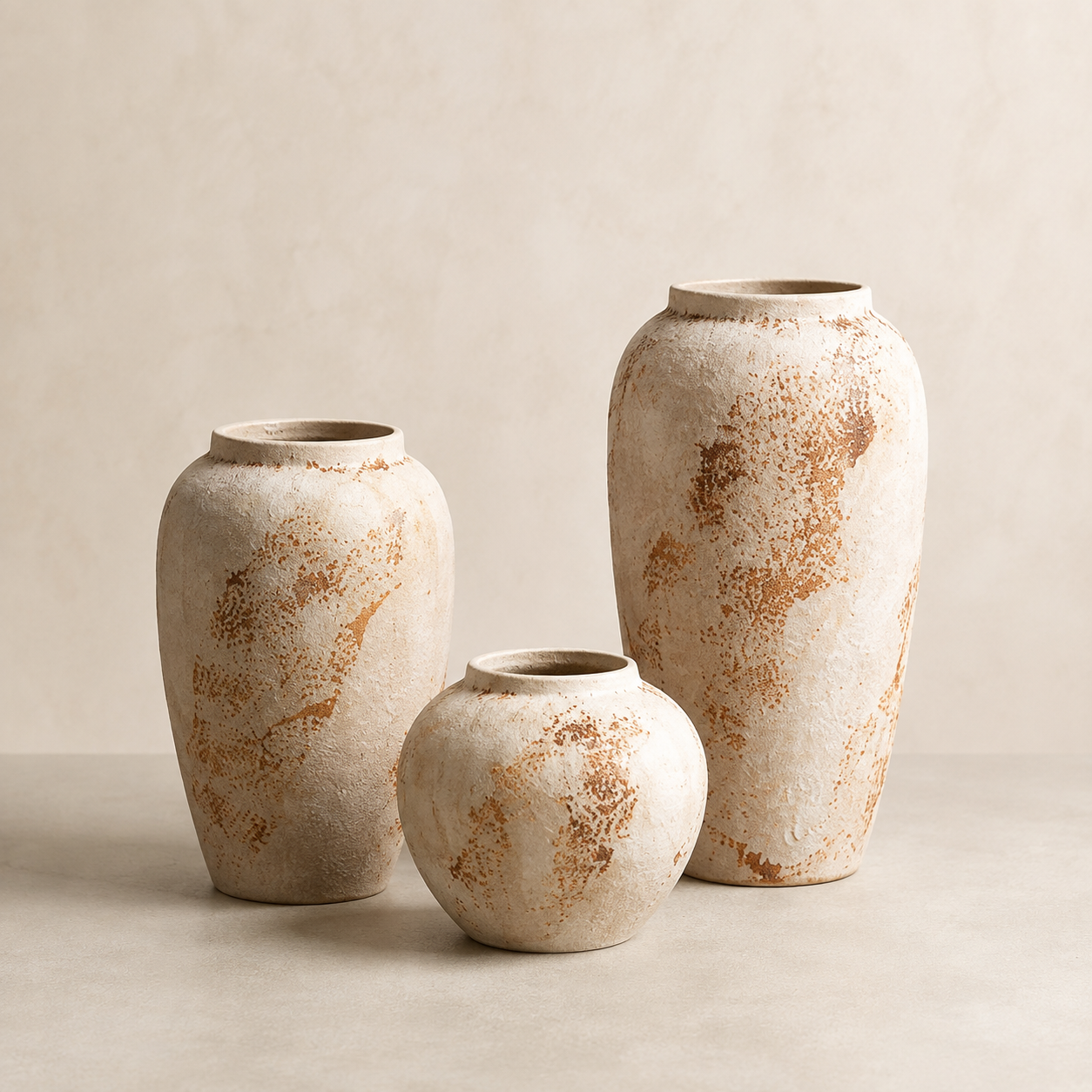 Composição com três vasos Ravena em cerâmica texturizada sobre fundo neutro