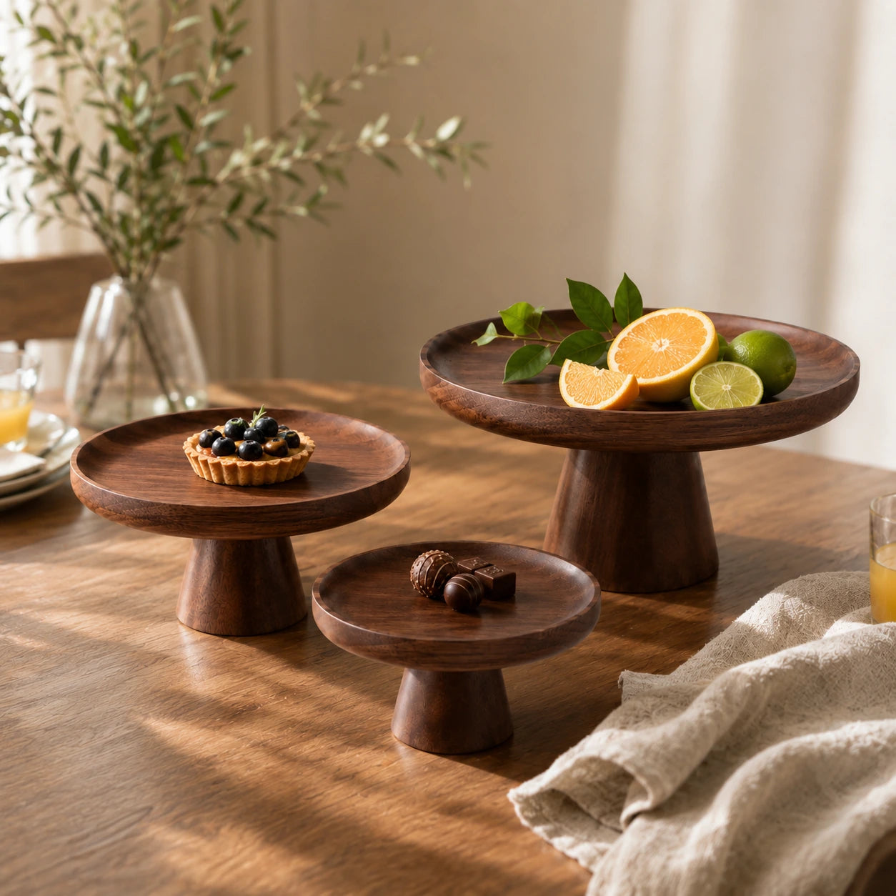 Conjunto de bandejas pedestal em madeira com doce, chocolate e frutas em composição premium