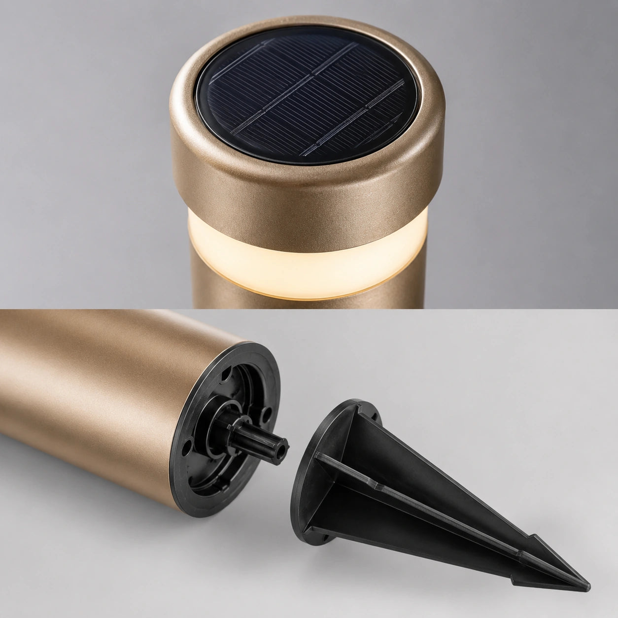 Detalhe do painel solar superior e do espeto removível do Balizador Solar Nalu