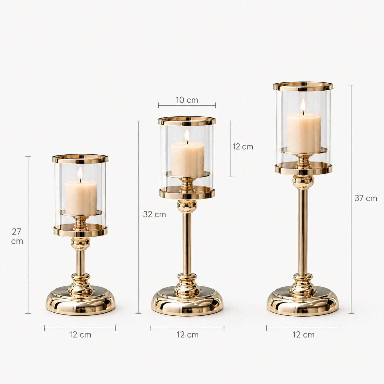 Comparação das alturas do castiçal Aurélie nas versões de 27 cm, 32 cm e 37 cm