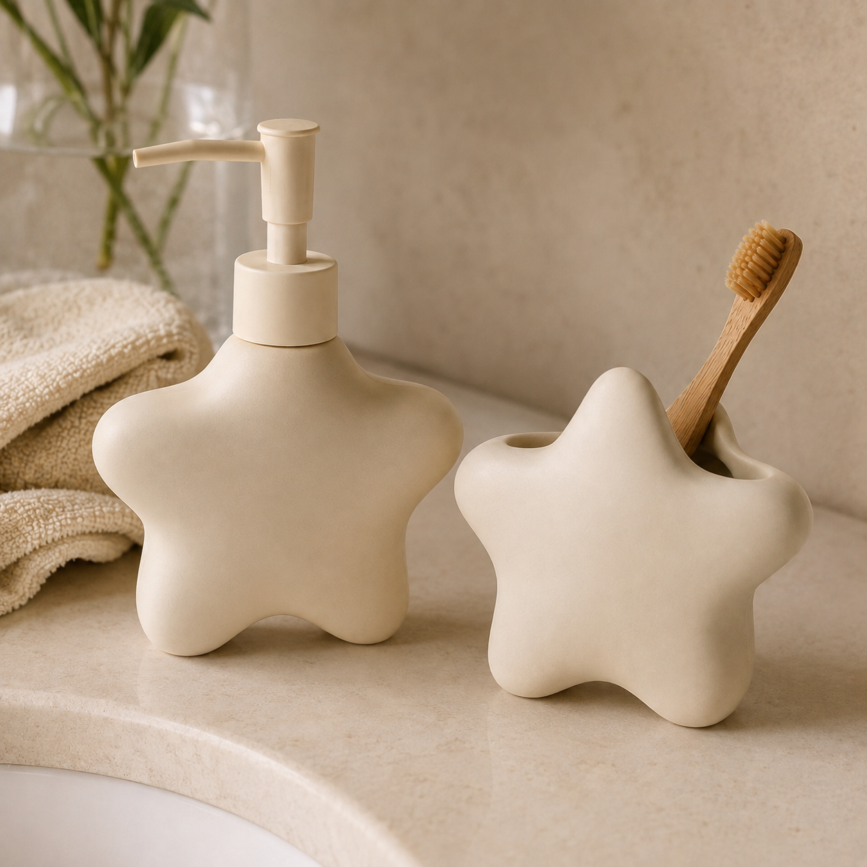 Dispenser e porta-escovas Stella em cerâmica creme sobre bancada de banheiro com estilo spa