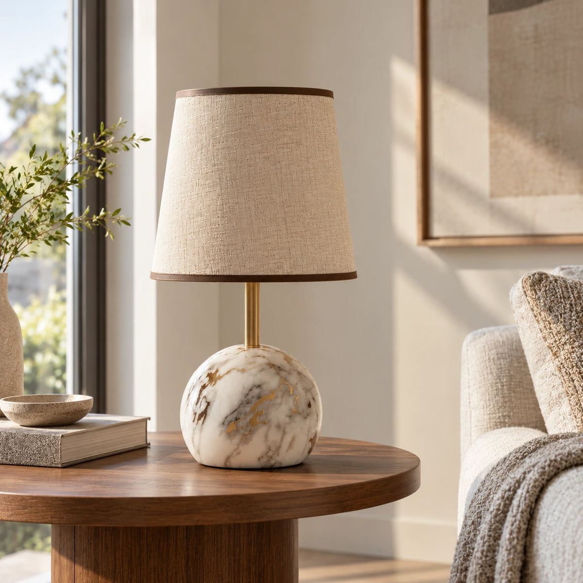 Luminária Éloise apagada sob luz natural destacando o mármore, o linho e o latão