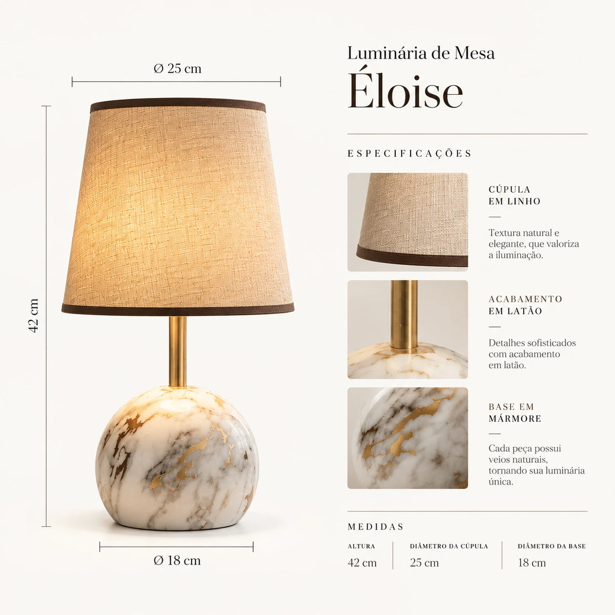 Ficha técnica da Luminária de Mesa Éloise em mármore com cúpula de linho e acabamento em latão