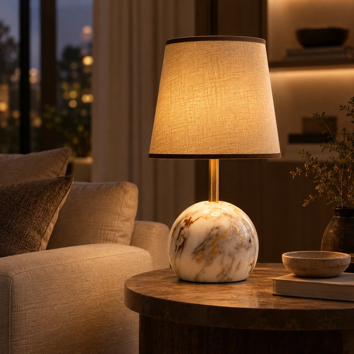 Luminária de Mesa Éloise acesa com luz quente atravessando a cúpula de linho