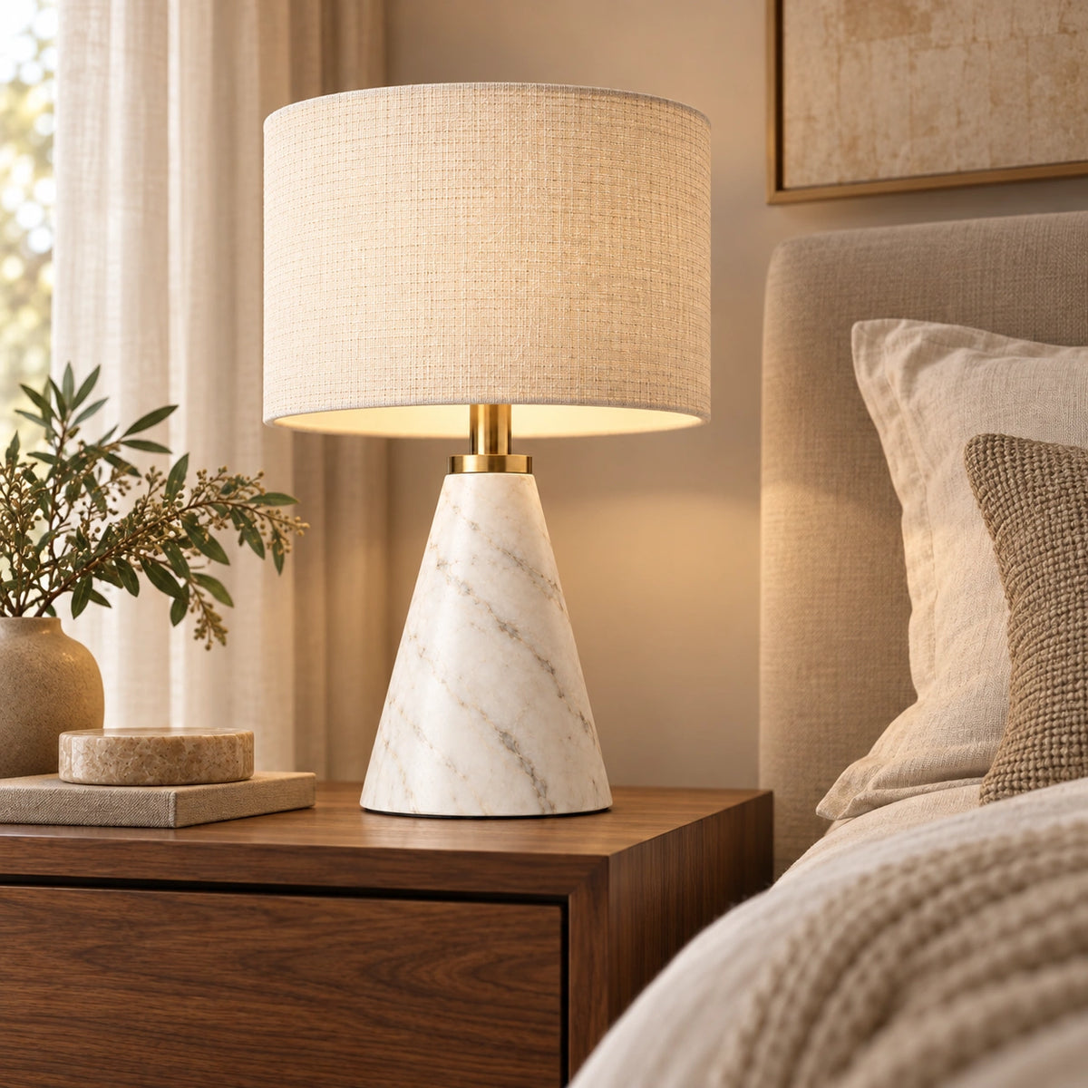 Luminária de Mesa Eloíse em mármore acesa sobre mesa de cabeceira em quarto com decoração neutra