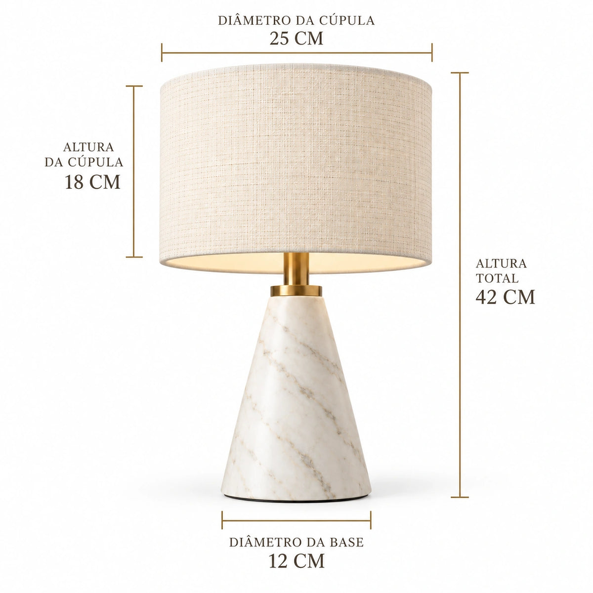 Medidas da Luminária de Mesa Eloíse em mármore com 42 cm de altura e cúpula de 25 cm