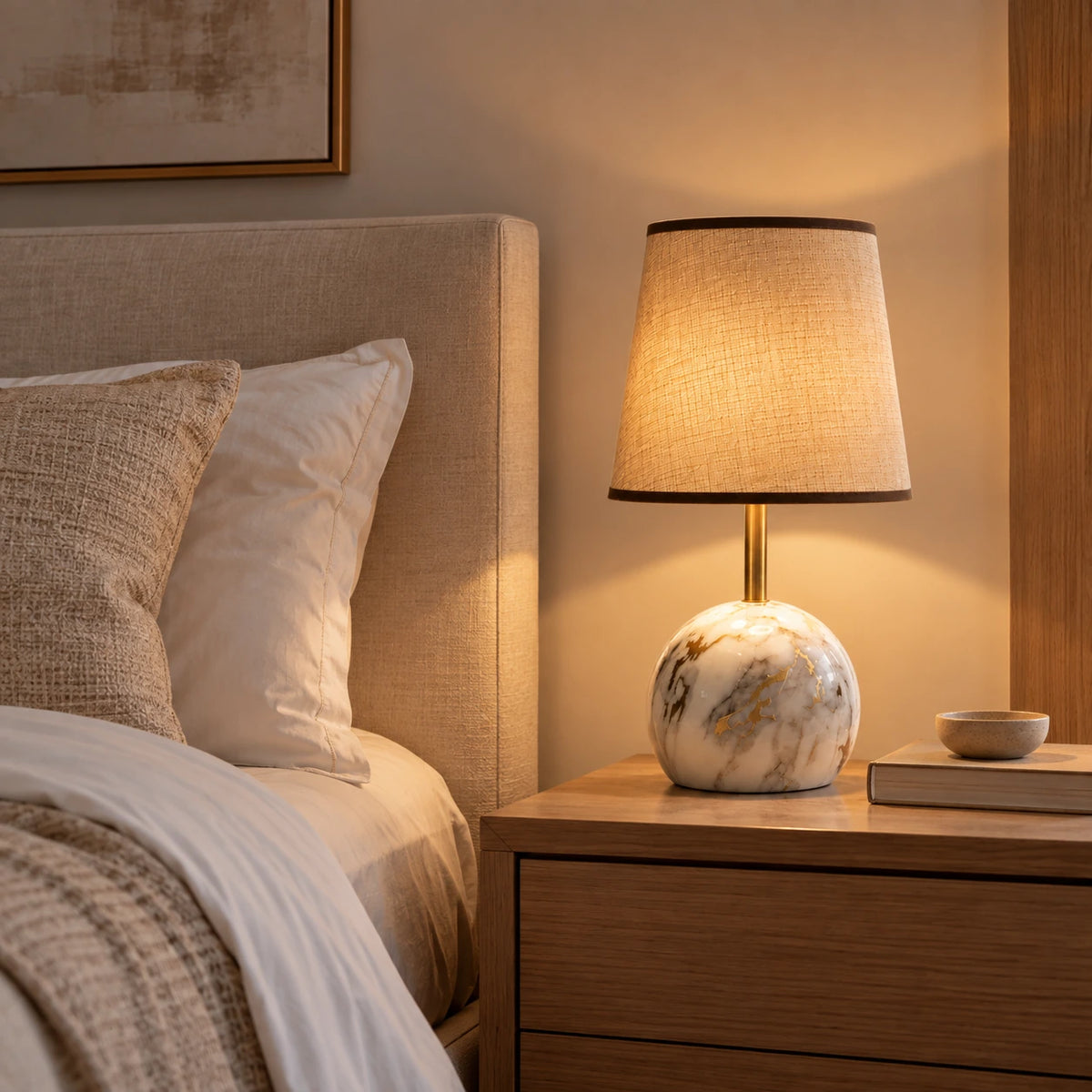Luminária Éloise em mármore e linho sobre mesa de cabeceira em quarto contemporâneo