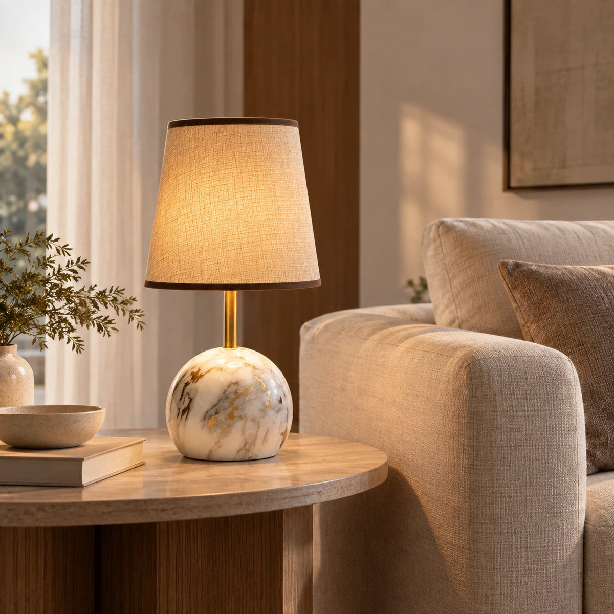 Luminária de Mesa Éloise acesa sobre mesa lateral em sala de estar sofisticada