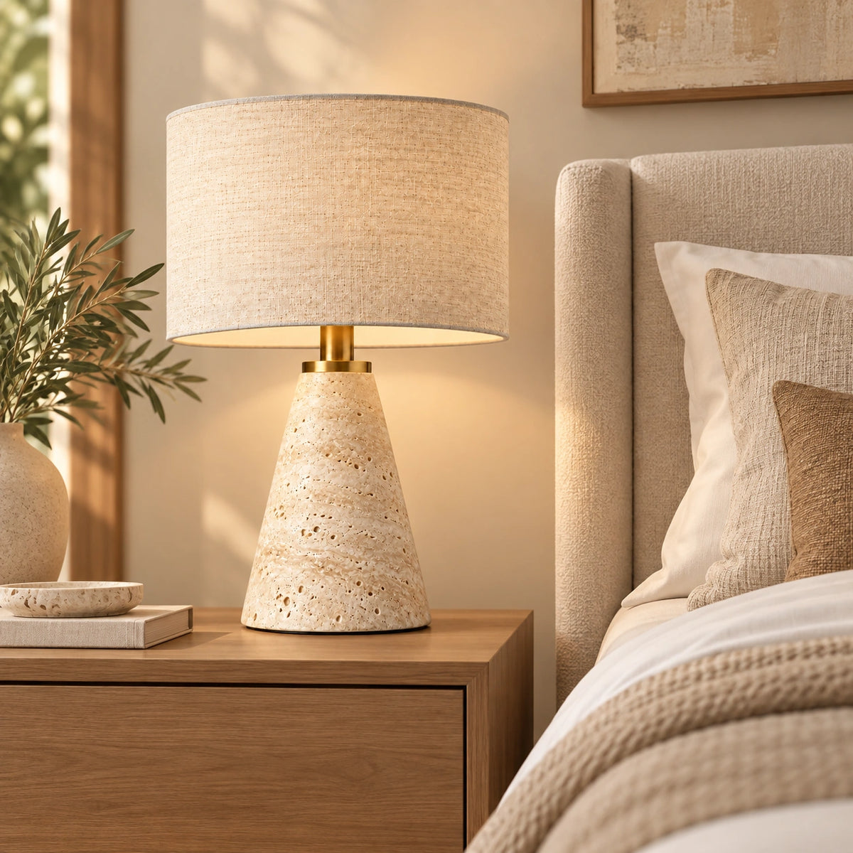 Luminária de Mesa Eloíse em travertino acesa sobre mesa de cabeceira em quarto com decoração neutra