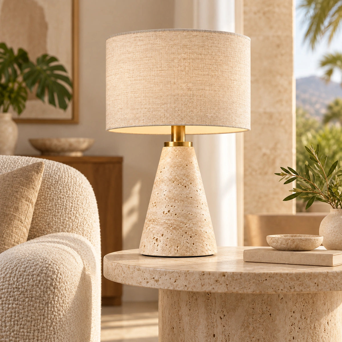 Luminária de Mesa Eloíse em travertino em sala de estar com mesa lateral em pedra natural
