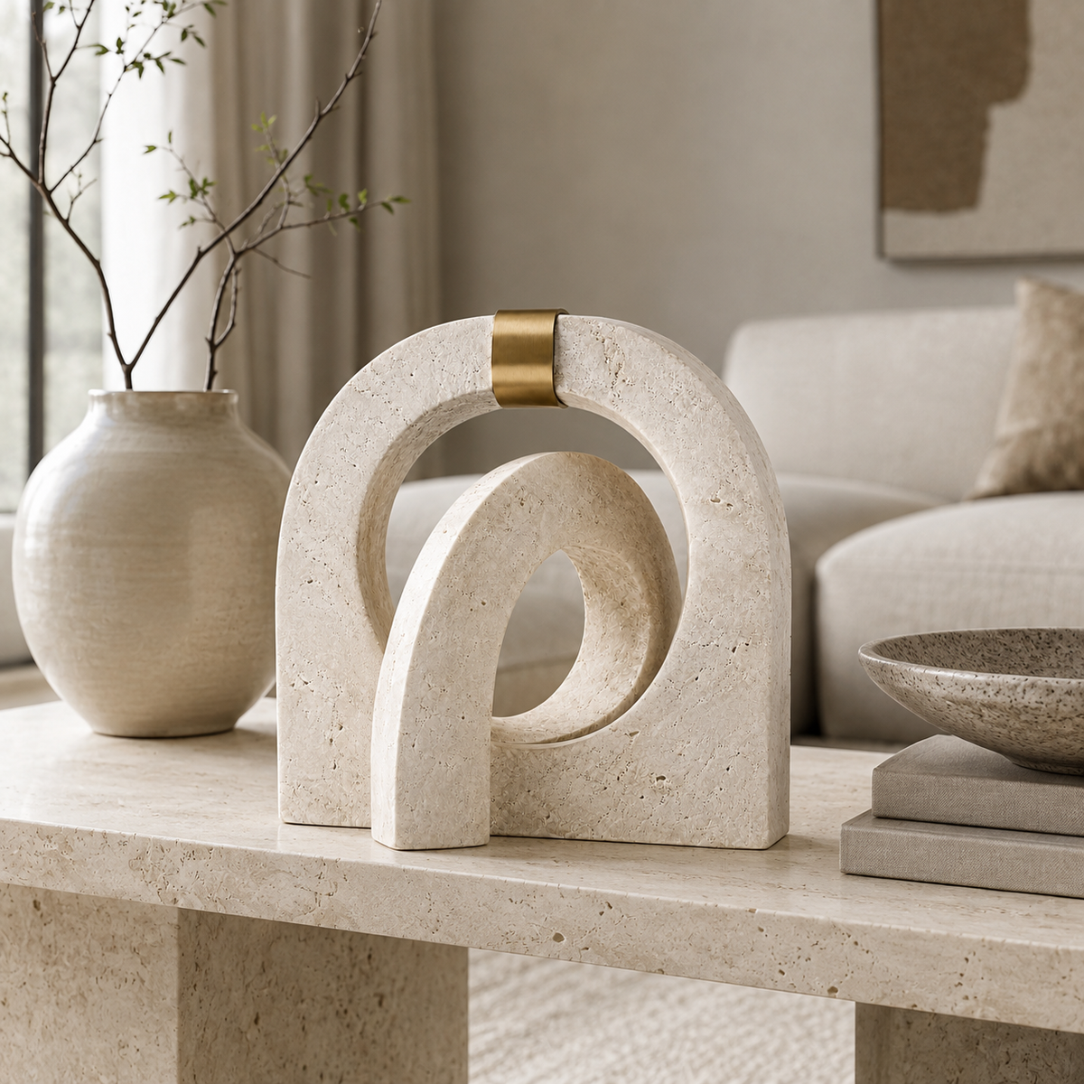 Escultura Aurèle em travertino decorando sala sofisticada