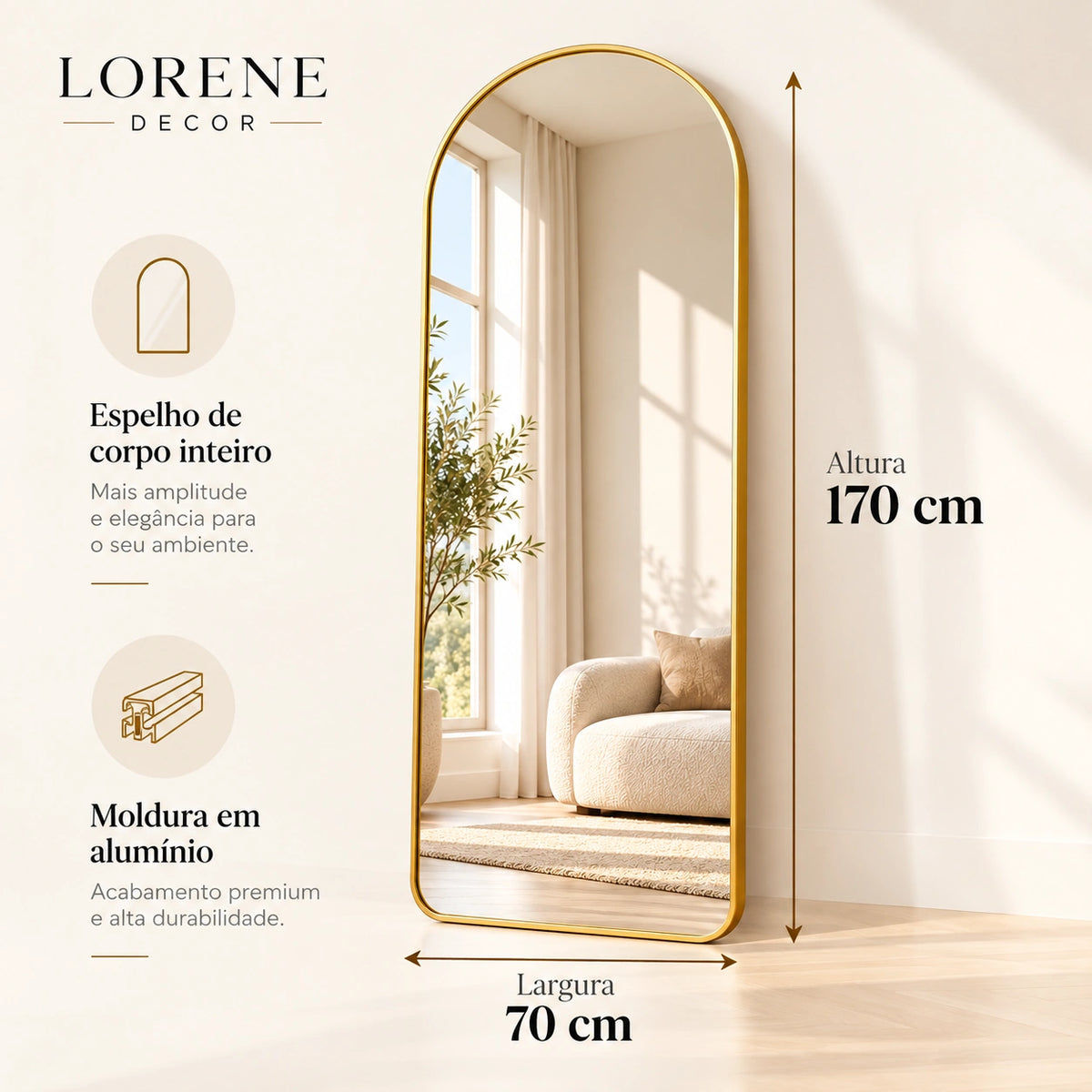 Espelho de corpo inteiro dourado com dimensões de 170 cm por 70 cm