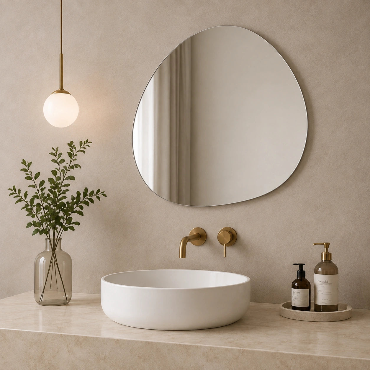 Espelho Orgânico Elara em lavabo claro com cuba de apoio e decoração natural
