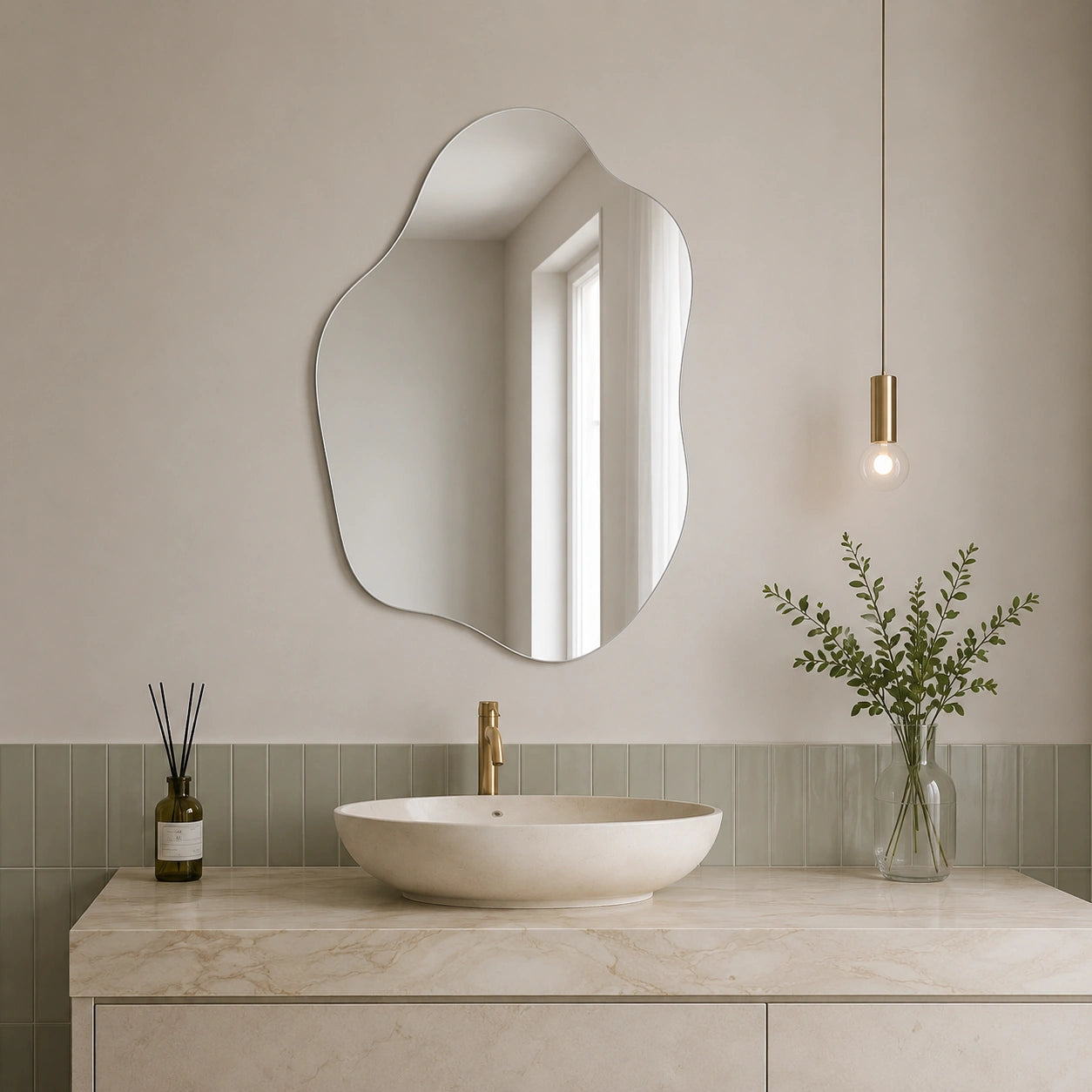 Espelho Orgânico Elara instalado em lavabo minimalista com bancada clara e metais dourados