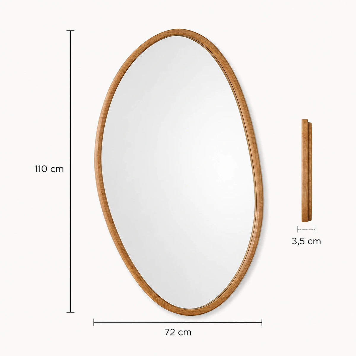 Dimensões do Espelho Orgânico Naira com 110 cm de altura, 72 cm de largura e 3,5 cm de profundidade