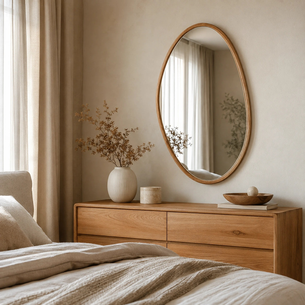 Espelho Orgânico Naira em quarto sofisticado sobre cômoda de madeira com decoração natural