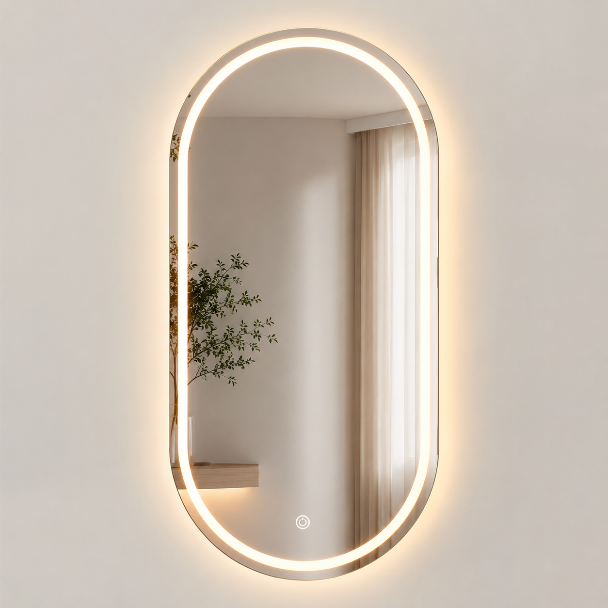 Espelho Oval Lúmina com iluminação LED e reflexo suave em fundo claro