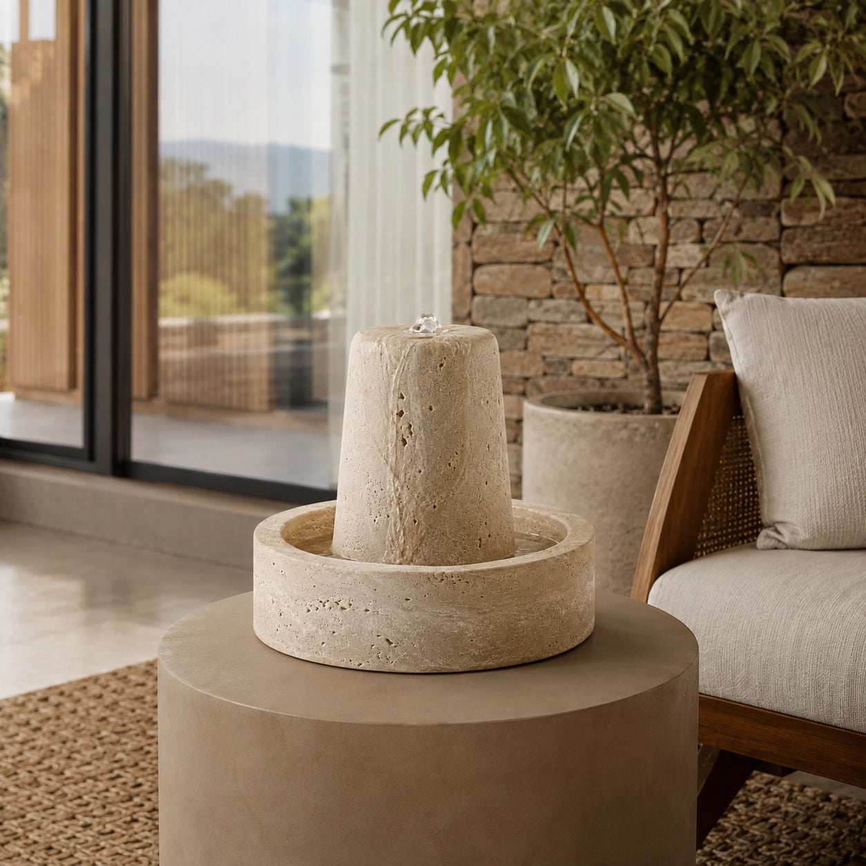 Fonte Decorativa Amana em lounge contemporâneo com madeira, pedra e tons neutros
