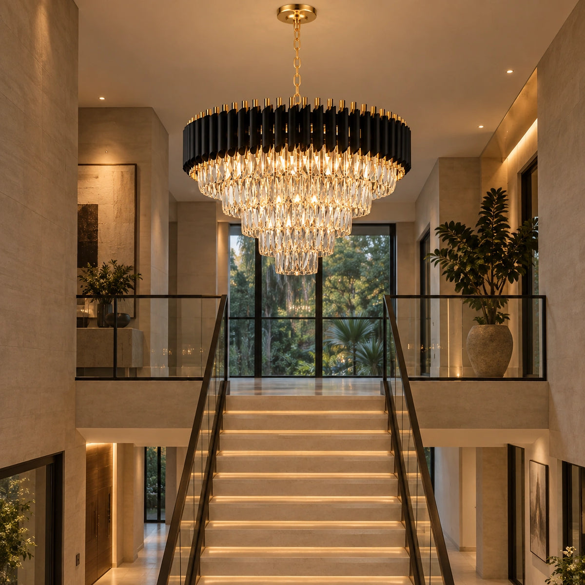Lustre pendente de cristal em hall com pé-direito alto, escada e decoração contemporânea