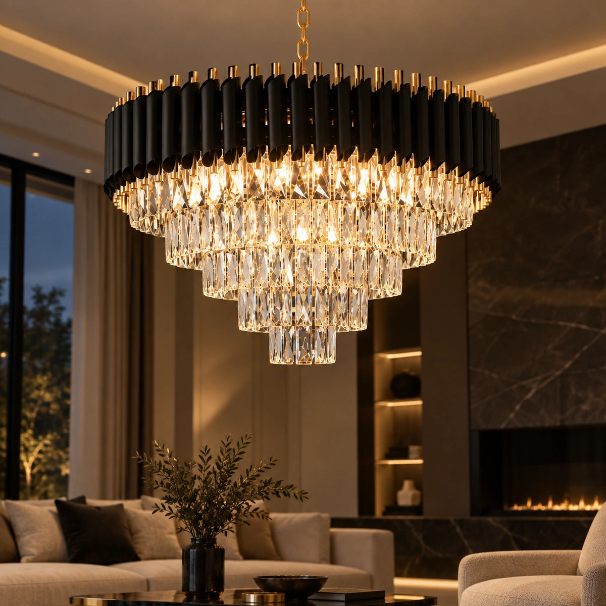 Lustre pendente de cristal preto e dourado em sala de estar com decoração neutra e madeira
