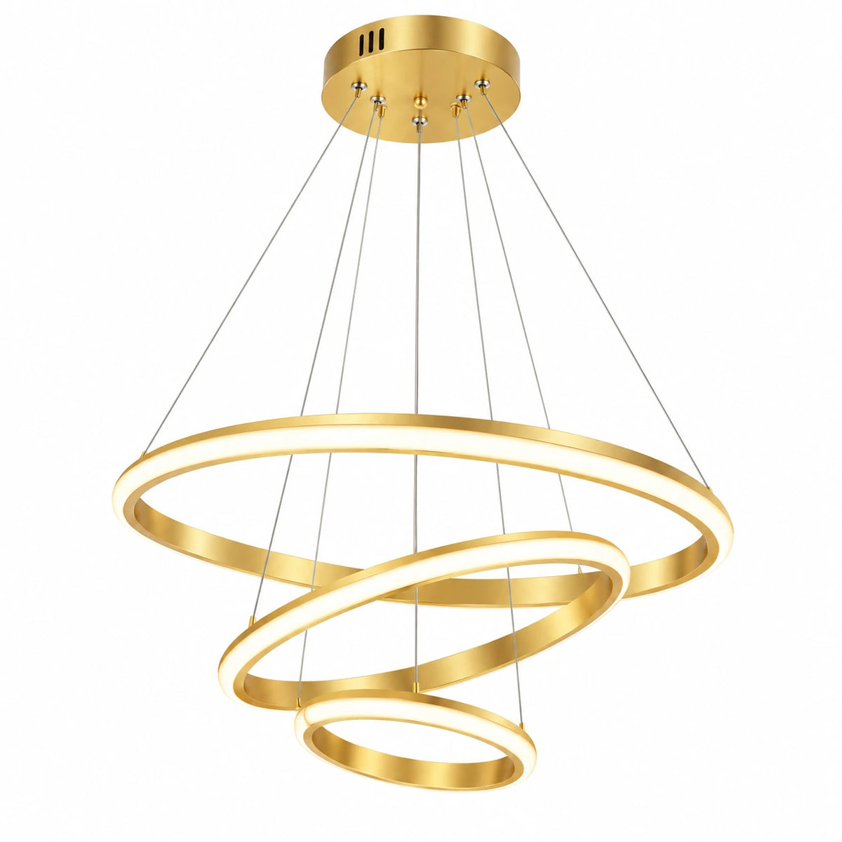 Lustre pendente dourado LED com três aros em design espiral