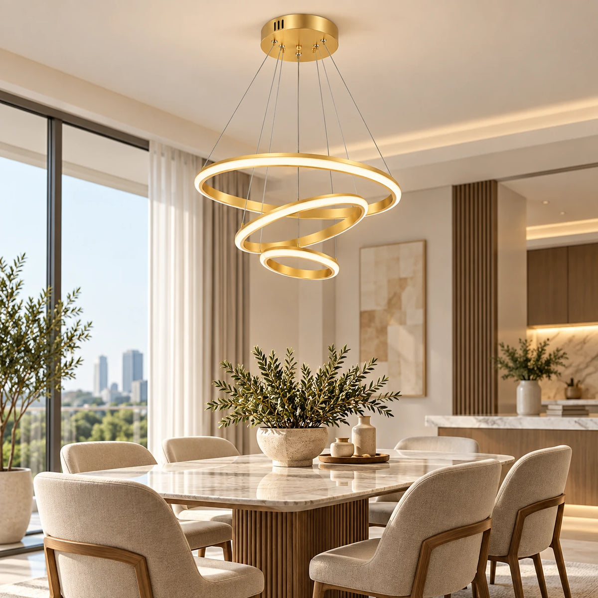 Lustre dourado LED de três aros sobre mesa de jantar contemporânea