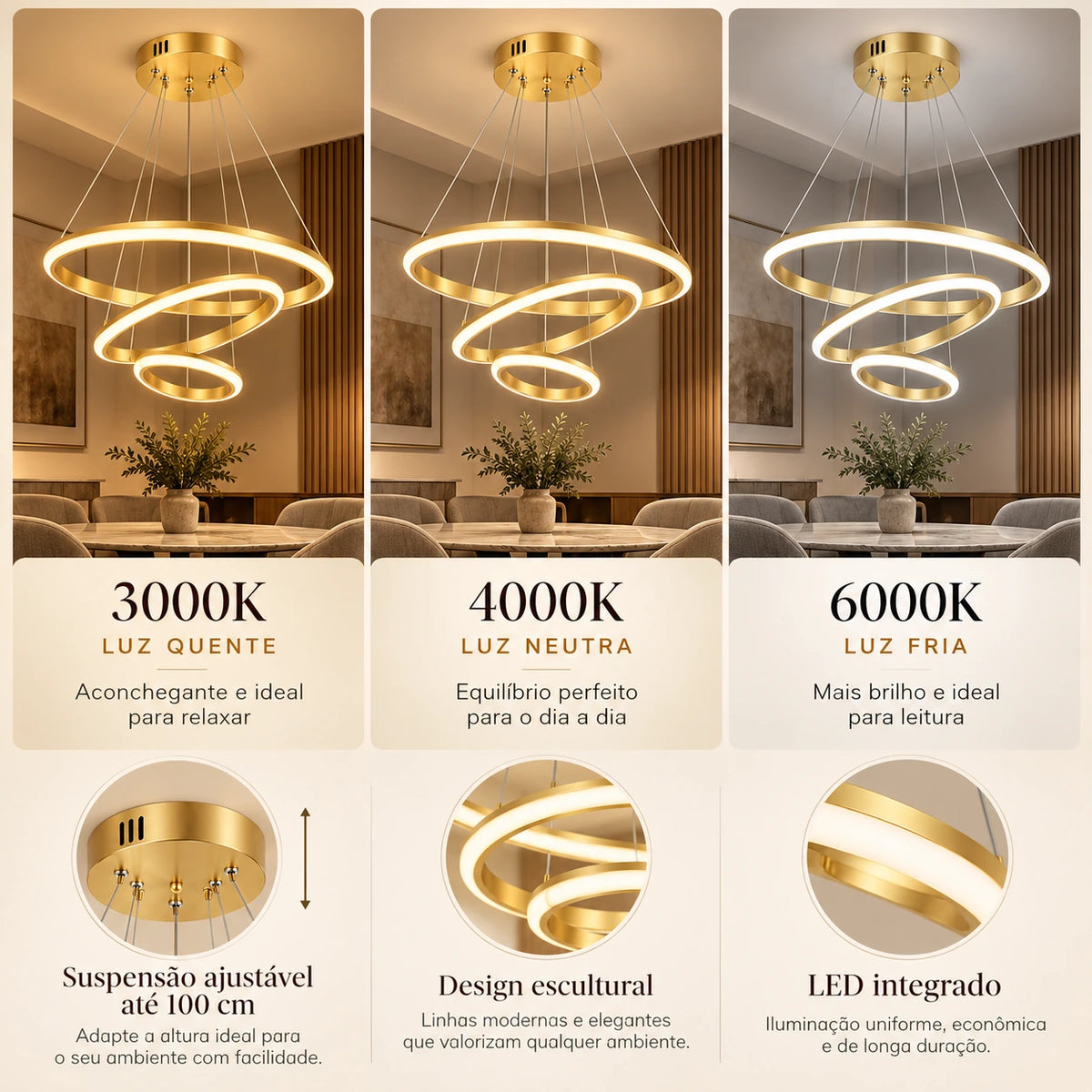  Lustre dourado LED com temperaturas de cor 3000K, 4000K e 6000K