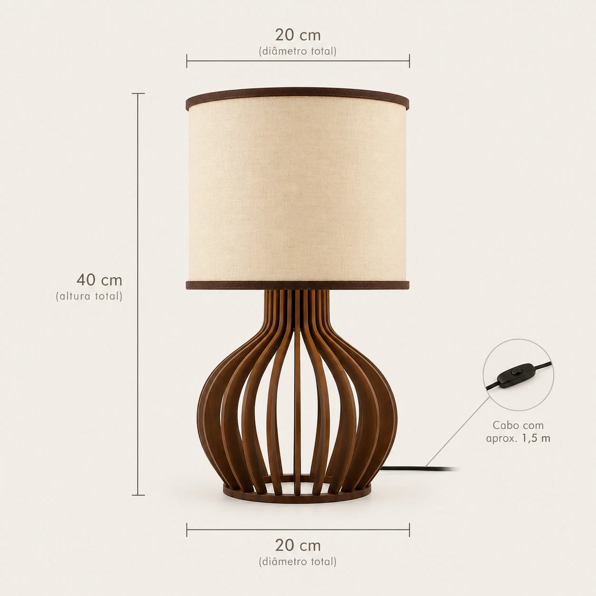 Medidas da Luminária de Mesa Amélie com 40 cm de altura e 20 cm de diâmetro